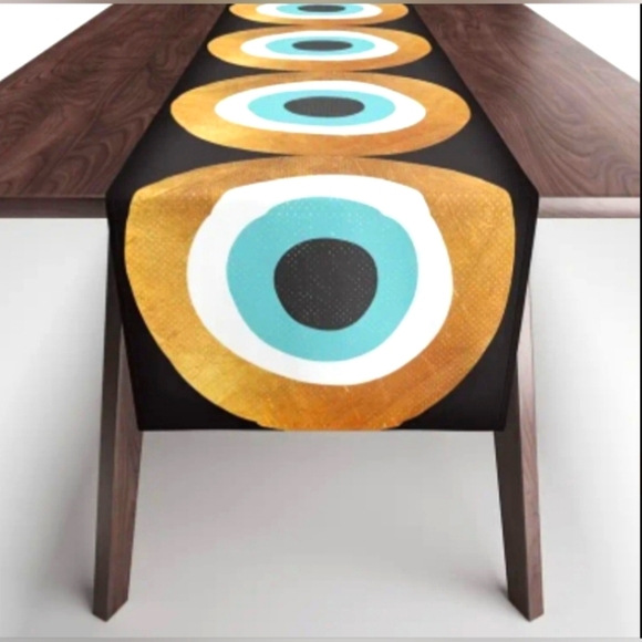 **1 DAY SALE** Boho/Bohemian Evil Eye Table Runner Black Gold Blue White Circles - Picture 2 of 6